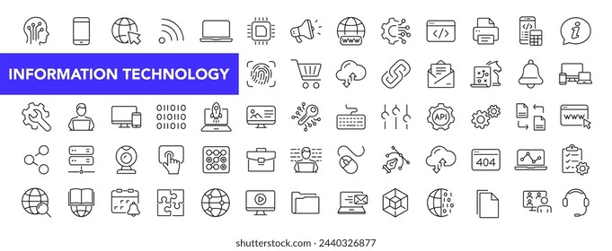 Conjunto de iconos de tecnología de la información con trazo editable. Colección de iconos de línea fina de TI y programación. Ilustración de vector