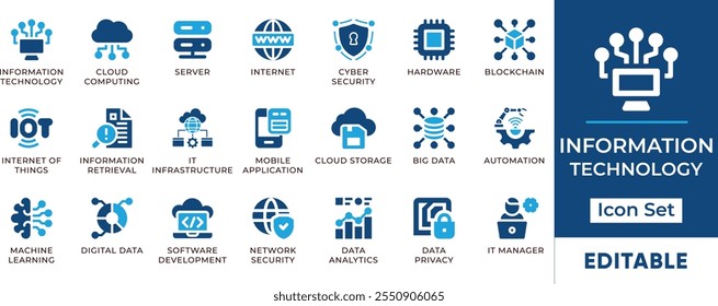 Information Technology Icon Set. Features editable icons for IT symbols, cloud computing, data science, AI, cybersecurity, and more. Perfect for tech, software, and digital projects.