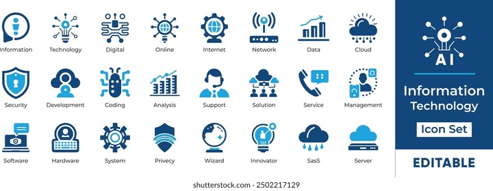 Information Technology icon set featuring essential elements like cloud computing, data analysis, AI, security, development, and more. Perfect for web design, presentations, and mobile apps.