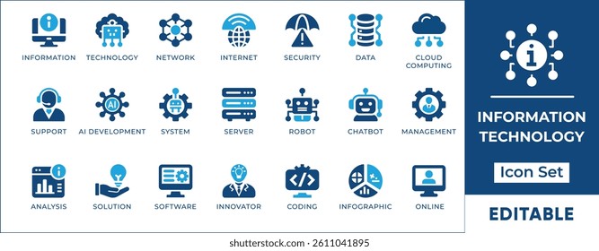 Information Technology icon set featuring essential elements like cloud computing, data analysis, AI, security, development, and more. Perfect for web design, presentations, and mobile apps.