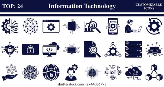 Information Technology Icon Set featuring 24 essential IT, computing, and digital technology symbols for professional use.