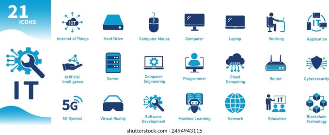 Conjunto de iconos de Tecnología de información. Iconos planos establecidos en el tema de la tecnología informática, programación, redes, computación en la nube, servidores, inteligencia artificial, datos, blockchain