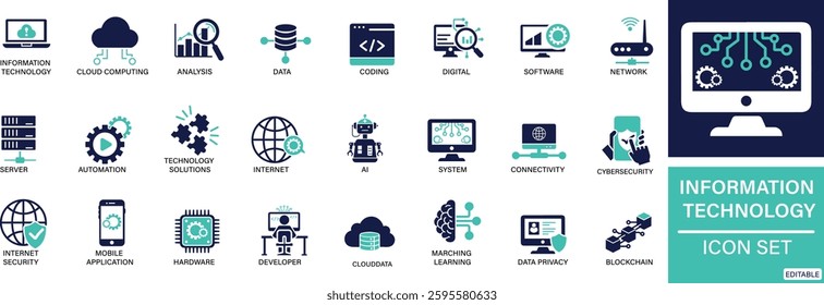 information technology icon set IT, tech, digital, computer, network, cloud computing, cybersecurity, data, software, You can easily change the color