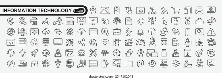 Information technology icon set with IT network system, global internet, data center, communication, web site, social media, business, e-commerce, support, computer and mobile device