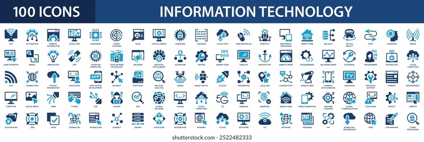 Conjunto de iconos de tecnología de la información. Red, Sitio web, ordenador, software, progreso, programación, datos.