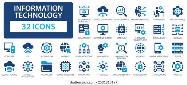 Information technology icon set. Programming, network, website, data analytics, internet, cloud computing, big data.