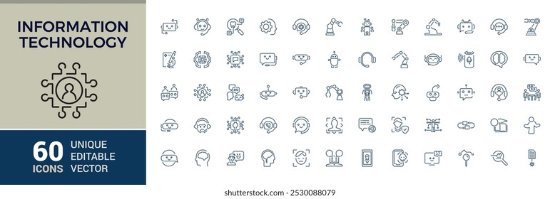 Conjunto de iconos de Tecnología de información. Colección de iconos de tecnología robótica. Conjunto de tecnología digital e inteligencia artificial. Colección de iconos de contorno. Ilustración vectorial