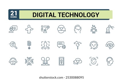 Informationstechnologie-Symbolsatz. Robotertechnik Icons Sammlung. Set aus digitaler Technologie und künstlicher Intelligenz. Kollektion von Gliederungssymbolen. Vektorgrafik