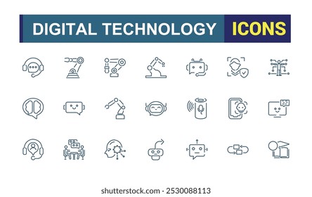 Conjunto de ícones da Tecnologia da Informação. Coleção de ícones de tecnologia robótica. Conjunto de tecnologia digital e inteligência artificial. Coleção de ícones de tópicos. Ilustração vetorial