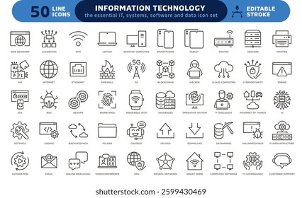 Information Technology icon set. Thin line editable stroke icons for IT, technology, systems, software, networks, cybersecurity, data analytics, AI and cloud computing