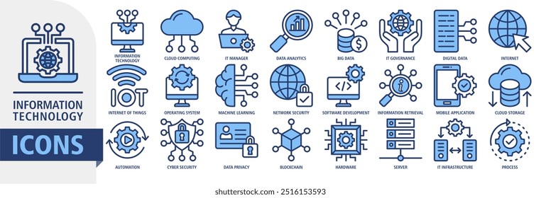 Ícone da tecnologia da informação define ilustração vetorial. Contendo computação em nuvem, gerente de TI, big data, análise de dados, internet, segurança de rede e muito mais. coleção de símbolos de ícones vetoriais simples.