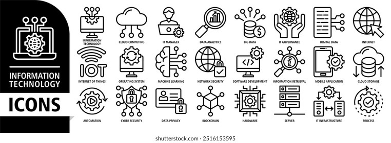 Ícone da tecnologia da informação define ilustração vetorial. Contendo computação em nuvem, gerente de TI, big data, análise de dados, internet, segurança de rede e muito mais. coleção de símbolos de ícones vetoriais simples.