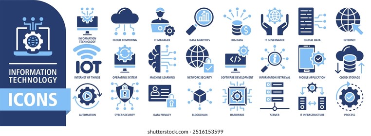 Information Technology icon set vector illustration. Containing cloud computing, IT manager, big data, data analytics, internet, network security and more. simple vector icons symbol collection.