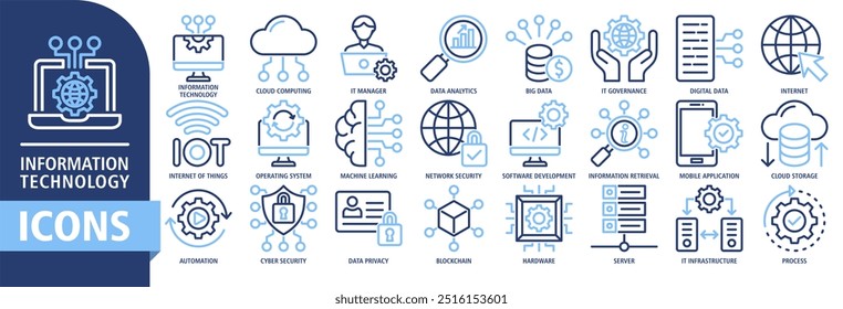 Ícone da tecnologia da informação define ilustração vetorial. Contendo computação em nuvem, gerente de TI, big data, análise de dados, internet, segurança de rede e muito mais. coleção de símbolos de ícones vetoriais simples.