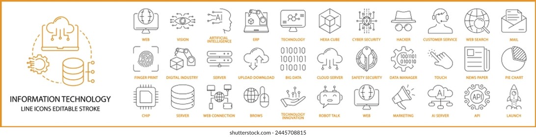 Information technology icons. Information technology icon set. Line icons about information technology. Vector illustration. Editable stroke.