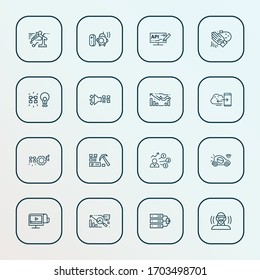 Information technology icons line style set with automated solutions, data server, automated robotic arm and other computer elements. Isolated vector illustration information technology icons.