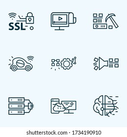 Information technology icons line style set with data server, artificial intelligence, data filtering and other database elements. Isolated vector illustration information technology icons.