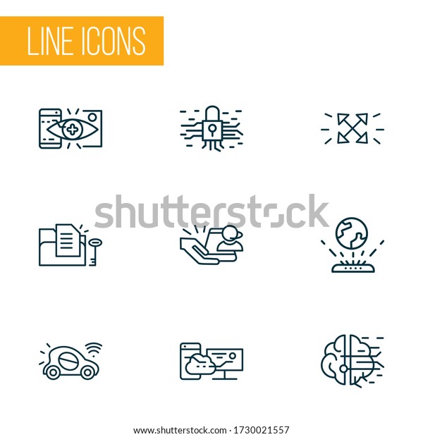 Information technology icons line style set with\
synching with mobile, file access, augmented reality and other\
maximize elements. Isolated vector illustration information\
technology icons.