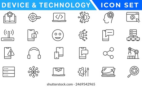 Information technology icons set. Set of 100 technology icons. Industry concept factory of the future. Technology progress. Big UI icon set in a flat design. Thin outline icons pack