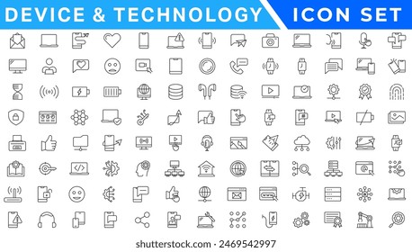 Conjunto de iconos de tecnología de la información. Conjunto de 100 iconos de tecnología. Fábrica de concepto de la industria del futuro. Tecnología del progreso. Icono de interfaz de usuario grande en un diseño plano. Paquete de iconos de contorno fino