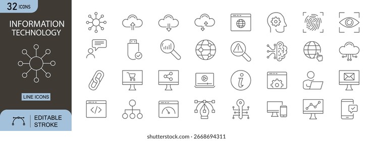Informationstechnologie-Symbole gesetzt. Enthält Symbole für Computer, Server, Cloud, Datenbank, Netzwerk, Laptop, Smartphone, Sicherheit, Code und Daten. Bearbeitbarer Strich, Liniensymbole. Perfekt für Infografiken.