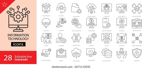 Conjunto de iconos de Tecnología de información. Incluyendo computación en la nube, gerente de TI, big data, análisis de datos, Internet y seguridad de la red. Trazo editable. Iconos de contorno. Perfecto para infografías.