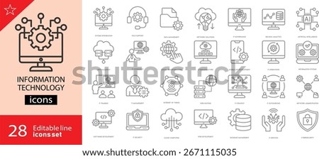Information Technology icons set. Including cloud computing, IT manager, big data, data analytics, internet, and network security. Editable stroke. Outline icons. Perfect for infographics.