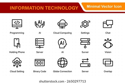 Symbole der Informationstechnologie. Set von IT-Technologie-Icons. Industriekonzept Fabrik der Zukunft. Technologischer Fortschritt. Große UI-Symbol in einem flachen Design. Symbole für dünne Umrisse