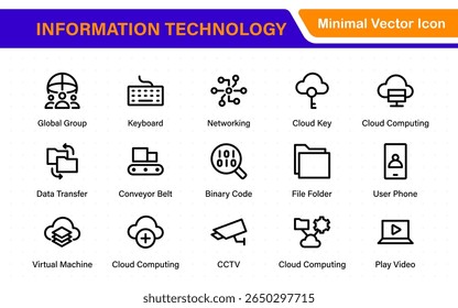 Conjunto de iconos de tecnología de la información. Conjunto de iconos de tecnología de TI. Concepto de la industria de la fábrica del futuro. progreso de la Tecnología. Icono grande de la interfaz de usuario establecido en un diseño plano. Iconos de contorno delgado