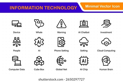 Conjunto de ícones de tecnologia da informação. Conjunto de ícones de tecnologia de TI. Indústria conceituada fábrica do futuro. Progresso tecnológico. Ícone de IU grande definido em um design plano. Ícones de estrutura de tópicos fina
