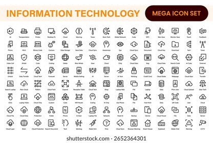 Information technology icons set. Set of It technology icons. Industry concept factory of the future. Technology progress. Big UI icon set in a flat design. Thin outline icons