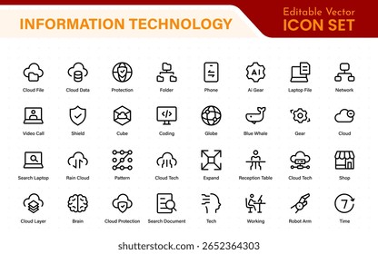 Conjunto de ícones de tecnologia da informação. Conjunto de ícones de tecnologia de TI. Indústria conceituada fábrica do futuro. Progresso tecnológico. Ícone de IU grande definido em um design plano. Ícones de estrutura de tópicos fina