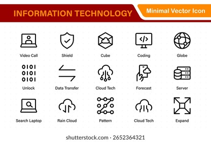 Conjunto de iconos de tecnología de la información. Conjunto de iconos de tecnología de TI. Concepto de la industria de la fábrica del futuro. progreso de la Tecnología. Icono grande de la interfaz de usuario establecido en un diseño plano. Iconos de contorno delgado