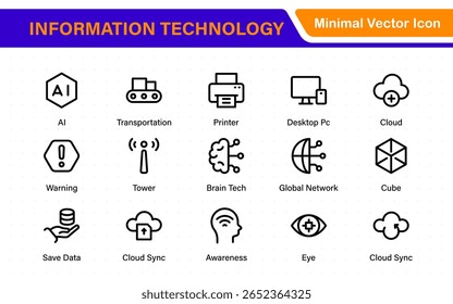 Symbole der Informationstechnologie. Set von IT-Technologie-Icons. Industriekonzept Fabrik der Zukunft. Technologischer Fortschritt. Große UI-Symbol in einem flachen Design. Symbole für dünne Umrisse