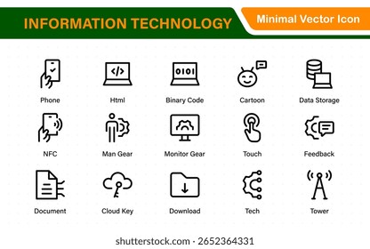 Conjunto de iconos de tecnología de la información. Conjunto de iconos de tecnología de TI. Concepto de la industria de la fábrica del futuro. progreso de la Tecnología. Icono grande de la interfaz de usuario establecido en un diseño plano. Iconos de contorno delgado