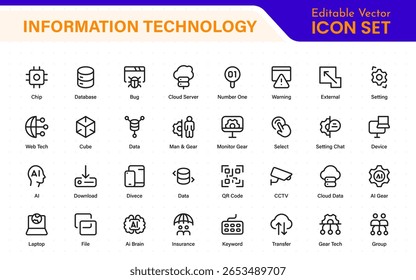 Information technology icons set. Set of It technology icons. Industry concept factory of the future. Technology progress. Big UI icon set in a flat design. Thin outline icons