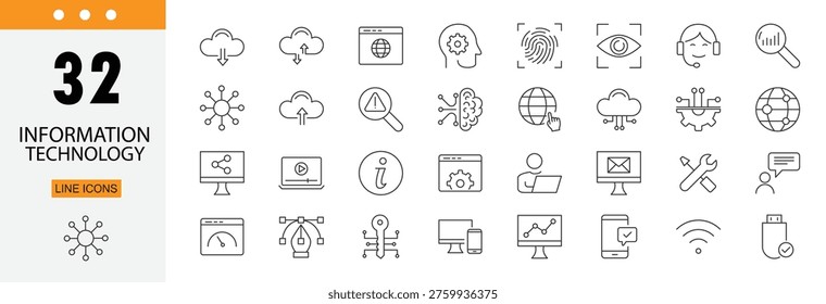 Information technology icons set representing computers, networks, data, software, cloud systems and digital infrastructure . Editable Stroke.