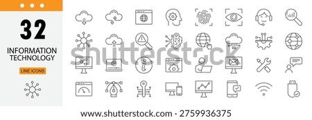 Information technology icons set representing computers, networks, data, software, cloud systems and digital infrastructure . Editable Stroke.