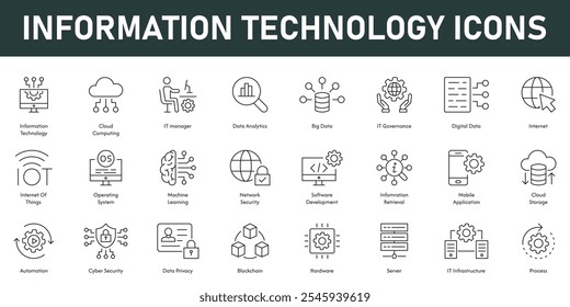 Information technology Icons vector illustration with thin line editable stroke containing cloud computing big data analytics internet network storage server automation cyber security privacy
