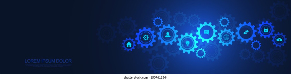 Information technology with infographic elements and flat icons. Cogs and gear wheel mechanisms. Hi-tech digital technology and engineering. Abstract technical background.