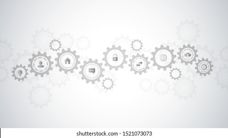 Information technology with infographic elements and flat icons. Cogs and gear wheel mechanisms. Hi-tech digital technology and engineering. Abstract technical background.