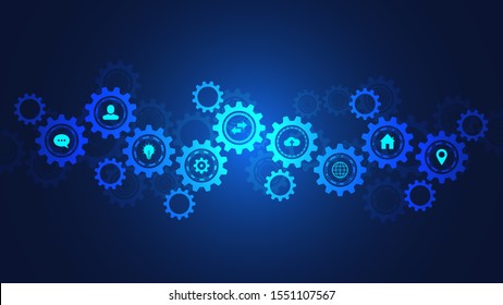 Information technology with infographic elements and flat icons. Cogs and gear wheel mechanisms. Hi-tech digital technology and engineering. Abstract technical background