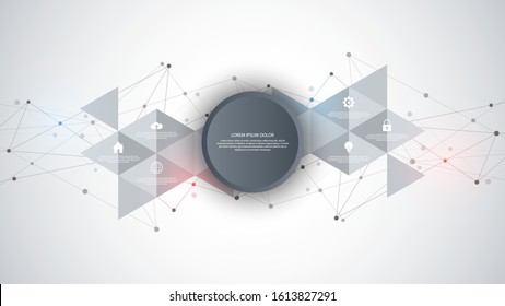 Information technology with infographic elements and flat icons. Abstract technical background. Digital technology, network connection and communication concept