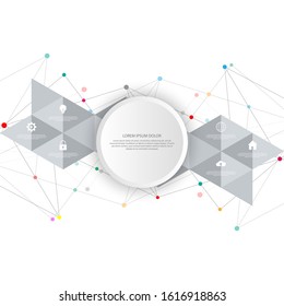 Information technology with infographic elements and flat icons. Abstract background with connecting dots and lines. Global network connection, digital technology and communication concept