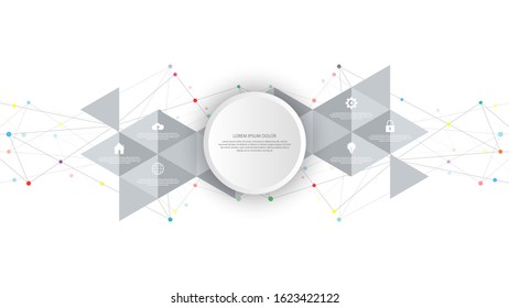 Information technology with infographic elements and flat icons. Abstract background with connecting dots and lines. Global network connection, digital technology and communication concept