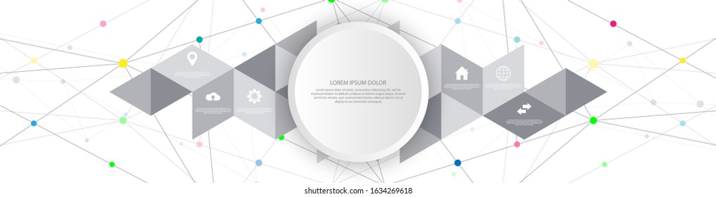 Information technology with infographic elements and flat icons. Abstract background with connecting dots and lines. Global network connection, digital technology and communication concept