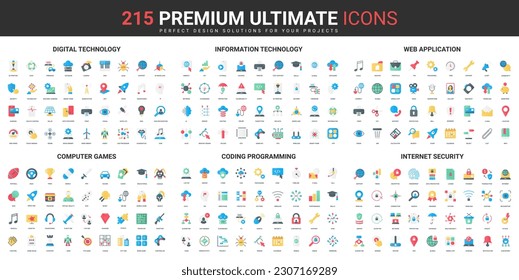 Information technology, internet color flat icons set vector illustration. Abstract symbols of digital cyber security, computer games and programming software simple design for mobile and web apps