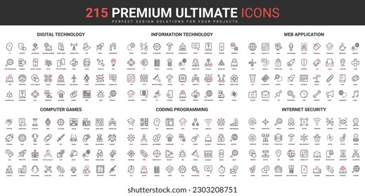 Information technology, internet thin line red black icons set vector illustration. Abstract symbols digital cyber security, computer games, programming software simple design for mobile, web apps