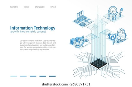Information technology isometric line icon illustration. Data server room, cloud system, engineers teamwork, app development, global communication, internet network 3d vector design background.