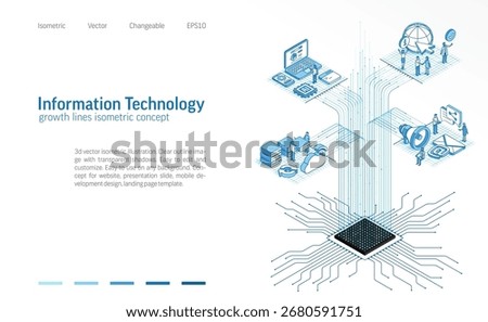 Information technology isometric line icon illustration. Data server room, cloud system, engineers teamwork, app development, global communication, internet network 3d vector design background.